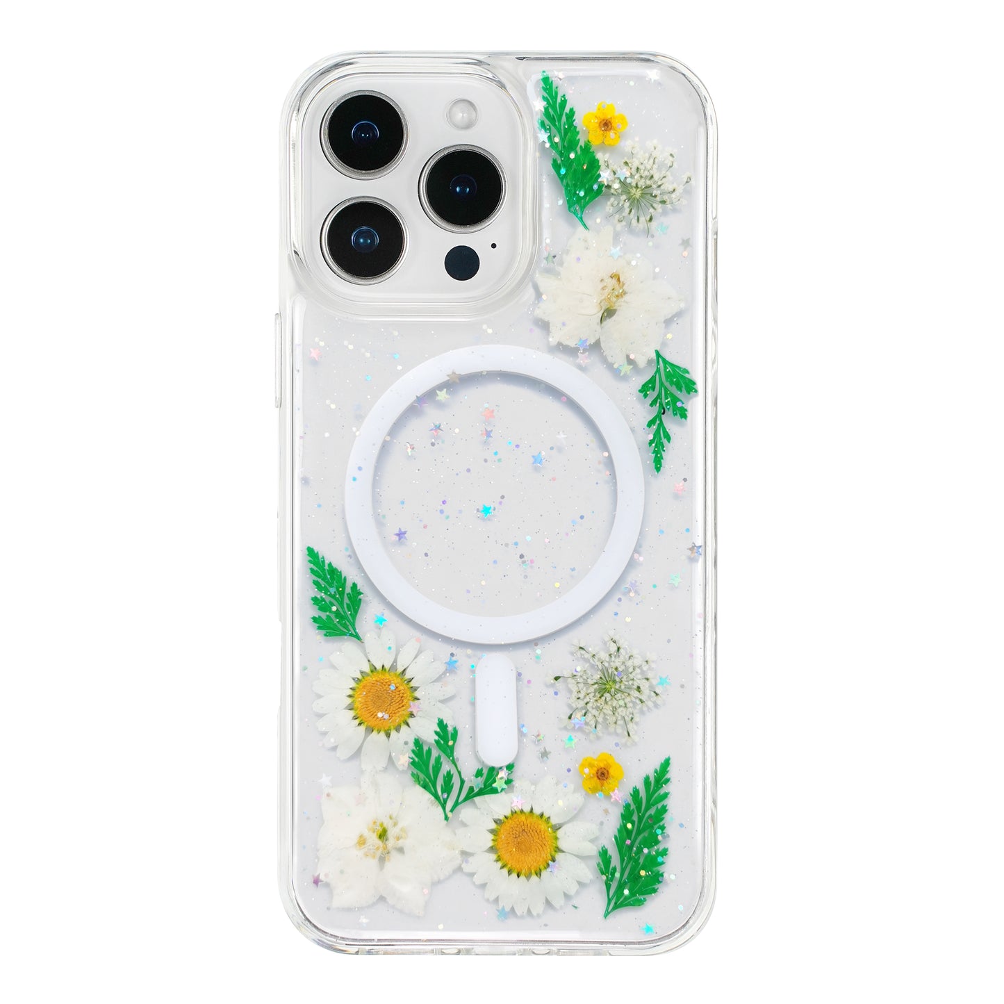 Resin Art Phone Case for iPhone 16 Pro Max, Compatible with Magsafe, White Flower Pattern