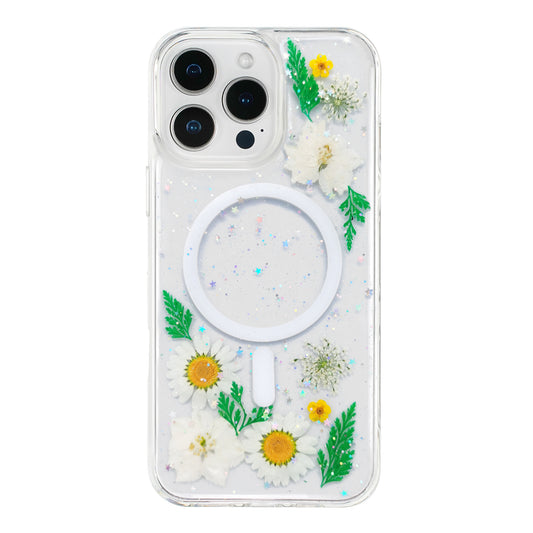 Resin Art Phone Case for iPhone 16 Pro Max, Compatible with Magsafe, White Flower Pattern